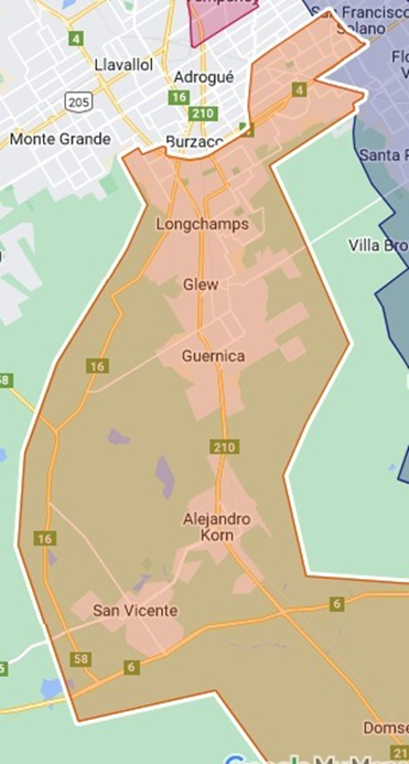 Mapa suministrado de Surbeb: zona de atención entre Burzaco y San Vicente