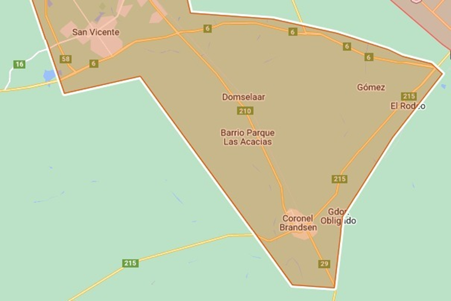 Mapa suministrado de Surbeb: zona de atención entre San Vicente y Coronel Brandsen